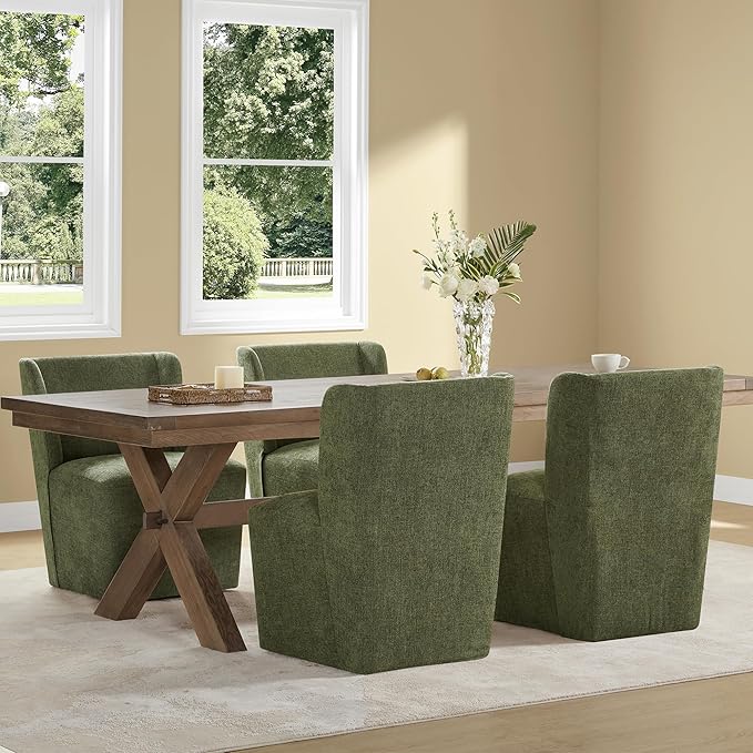 Upholstered Dining Chair with Casters Wingback Modern Side Armless Deskchair with Rollers for Diningroom Bedroom Livingroom Reading Room,Green,2 Box
