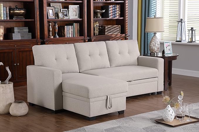 Devion Furniture Philly 4-in-1 Convertible L Shaped Couch with Pull Out Bed and Storage, Sectional Sleeper Sofa with Reversible Chaise for Living Room, Apartment, Bedroom, Office