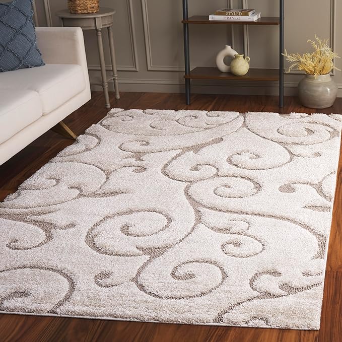 SAFAVIEH Florida Shag Collection Area Rug - 6' x 9', Cream & Beige, Scroll Design, Non-Shedding & Easy Care, 1.2-inch Thick Ideal for High Traffic Areas in Living Room, Bedroom (SG455-1113)