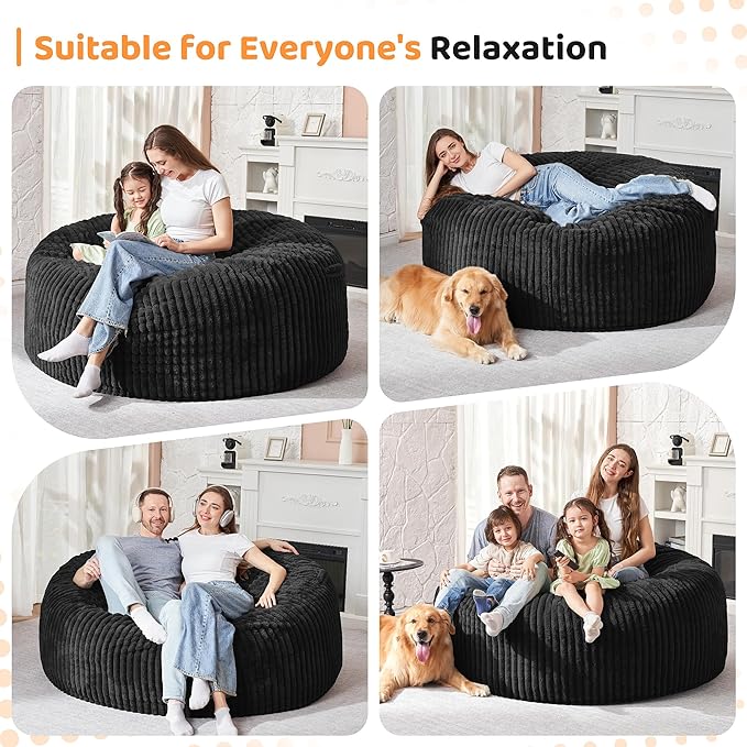 HABUTWAY 3FT Bean Bag Chair, 3' Large Bean Bag Chairs for Adults with Removable Stripe Plush Cover, Memory Foam Beanbag Chair for Living Room Bedroom Dorm (Black)