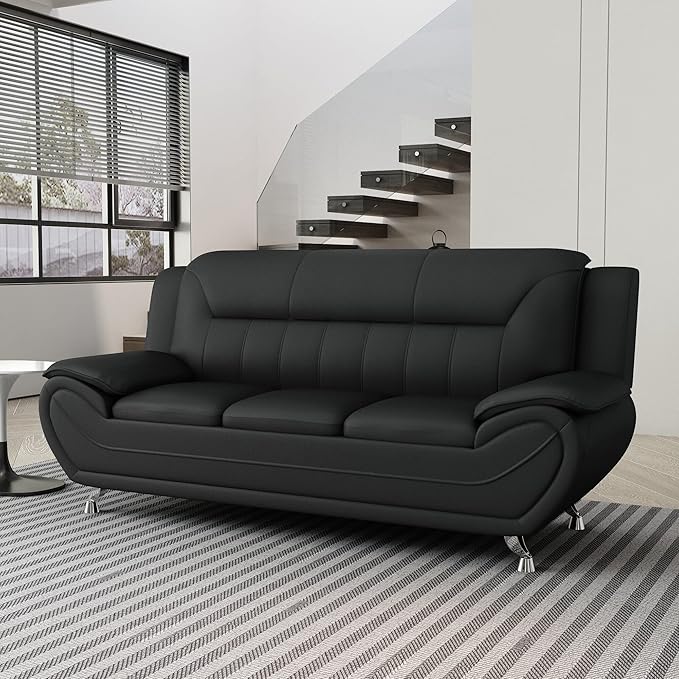 Container Furniture Direct Michael Modern Faux Leather Upholstered Stainless Steel Legs Living Room Sofa, Chair, Midnight Black