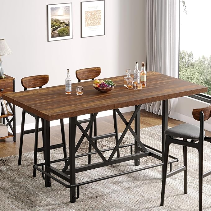 Tribesigns Bar Table, Industrial Counter Height Pub Table with Metal Footrest, 63-Inch Rectangle Wood Kitchen Dining Table with Sturdy Metal Frame for Dining Room, Home Bar (Brown)
