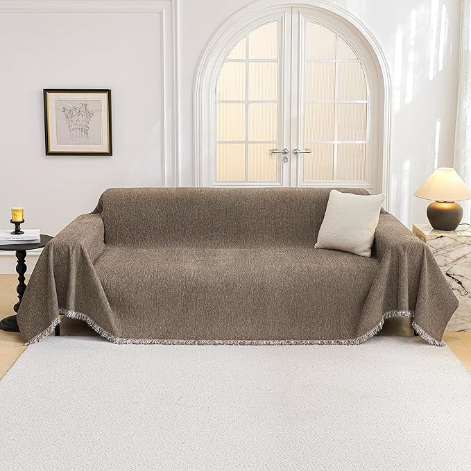 MYSKY HOME Couch Cover for Dogs, Washable Couch Covers, Non Slip Couch Sofa Cover, Couch Cover 2 Cushion Sofa Dogs Furniture Protector with Tassels Chenille Sofa Covers for Pets, 71"x118", Sand