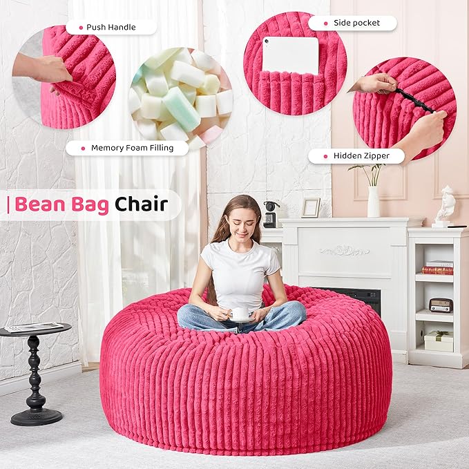 HABUTWAY 3FT Bean Bag Chair, 3' Large Bean Bag Chairs for Adults with Removable Stripe Plush Cover, Memory Foam Beanbag Chair for Living Room Bedroom Dorm (Pink)