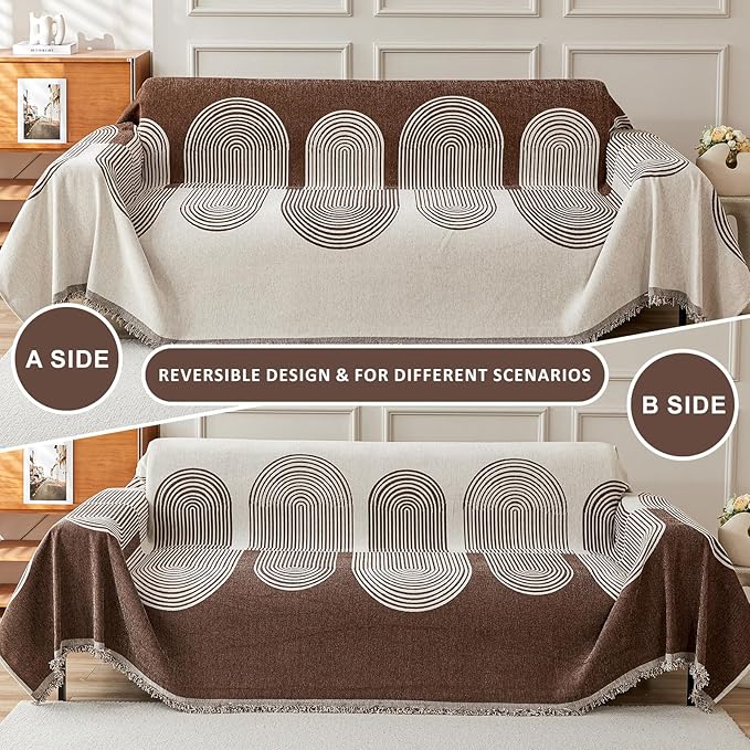 STACYPIK Soft Boho Chenille Couch Cover for Pets Beige Khaki Sofa Cover for 3 Cushion Couch Non Slip Furniture Protector with Tassels Geometric Couch Cover L Shaped Pet Friendly Washable-71x150IN
