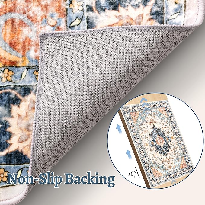 Tangsoo 2x6 Washable Runner Rug for Hallways, Non Slip Vintage Rugs, Soft Low Pile, Print Distressed Blue/Orange Carpet Runners for Kitchen Bedroom Entryway Bathroom Living Room
