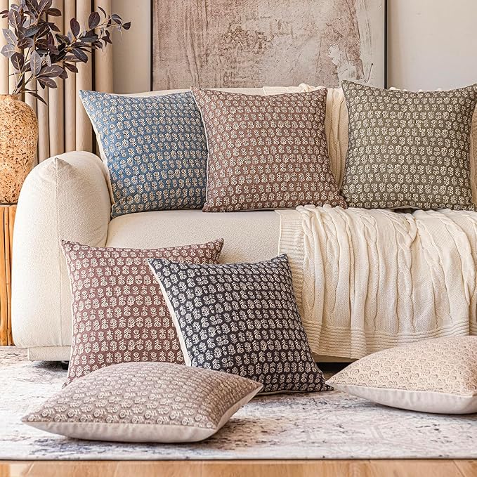 Foindtower Set of 2 Decorative Vintage Floral Print Throw Pillow Covers Neutral Modern Farmhouse Cushion Covers Boho Home Decor for Sofa Couch Chair Bedroom Living Room Outdoor,24×24 Inch,Wine Red