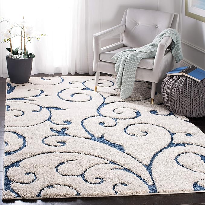 SAFAVIEH Florida Shag Collection Area Rug - 5' Square, Cream & Blue, Scroll Design, Non-Shedding & Easy Care, 1.2-inch Thick Ideal for High Traffic Areas in Living Room, Bedroom (SG455-1165)