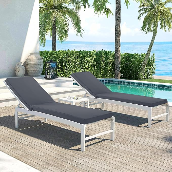 Chaise Lounge Cushions Outdoor Set of 2 - Waterproof and Fade Resistant Sun Lounger Replacement Cushions - Patio Lounger Pads with Removable Cover for Pool, Deck, 80 x 26 x 3 Inch, Dark Grey