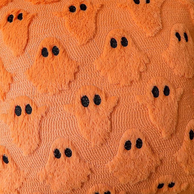 4TH Emotion Halloween Ghost Decorative Pillow Covers 16x16 Set of 2, Orange Soft Plush Faux Fur Farmhouse Throw Cushion Cases for Fall Autumn Holiday Home Decorations
