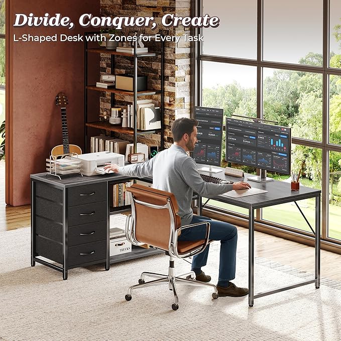 PRAISUN 53" L Shaped Desk with Power Outlets and USB-C Port, Reversible Computer Corner Office Desk with 4 Fabric Drawers and 2 Height-Adjustable Shelves, Large for Gaming Writing Work Study, Grey