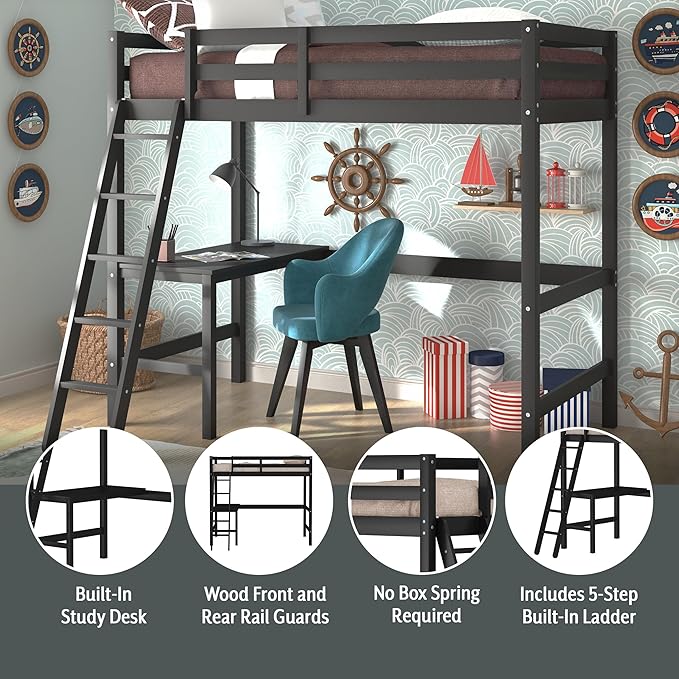 Hillsdale Caspian Youth Solid Wood Twin Loft Bed for Kids Room, Black