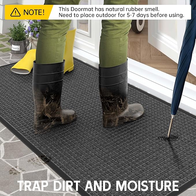 Sturdy Front Door Mat Outside Entrance, 5' x 3' All-Season All-Weather Doormat Waterproof, Stain and Fade Resistant, Natural Rubber Indoor Outdoor Welcome Door Mat Trap Dirt