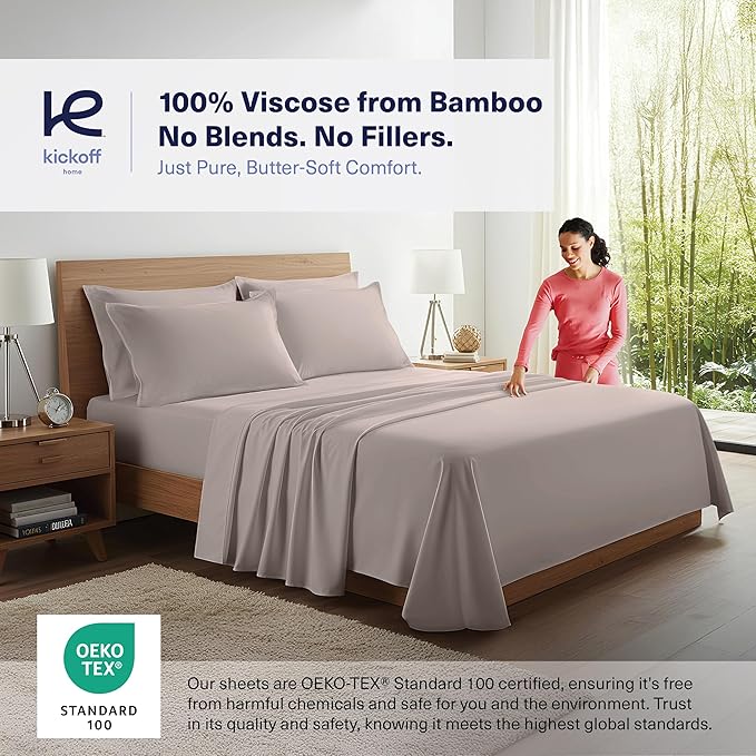 Kickoff Viscose Bamboo Sheets Full Size 4-pc 100% Organic Bamboo Viscose Bed Cooling Sheets Full Size Set Cool Bedding for hot Sleepers Sheet, Flat, Fitted, Pillowcases (Grey Mist, F)