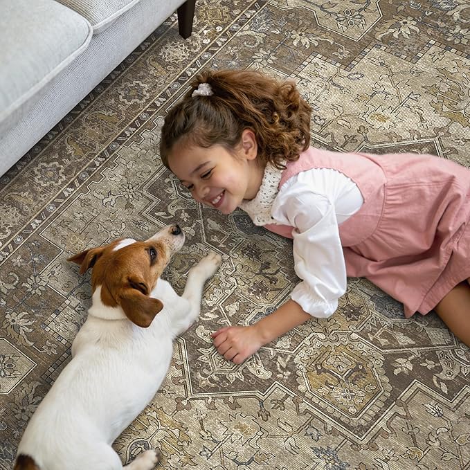 GENIMO 2'6''x12 Runner Rugs for Hallway, Machine Washable Non Slip Vintage Rugs, Low Pile Lightweight Soft Print Rug for enrtyway, Corridor, Home Office, Kitchen, Rustic Brown