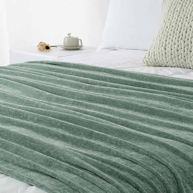 Chenille Throw Blanket for Couch 50"X 60", Soft Cozy Throws with Fringe Tassel for Bed Sofa Chair Cover, Lightweight Knitted Decorative Boho Blankets for Living Room, Sage Green