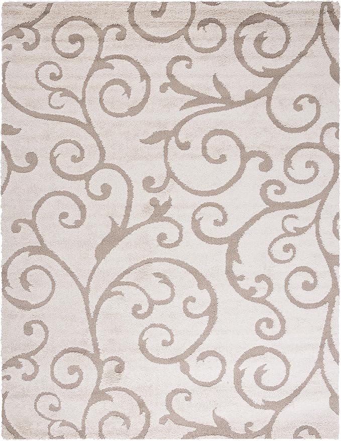 SAFAVIEH Florida Shag Collection Area Rug - 8' x 10', Ivory & Beige, Scroll Design, Non-Shedding & Easy Care, 1.2-inch Thick Ideal for High Traffic Areas in Living Room, Bedroom (SG455-13LT)
