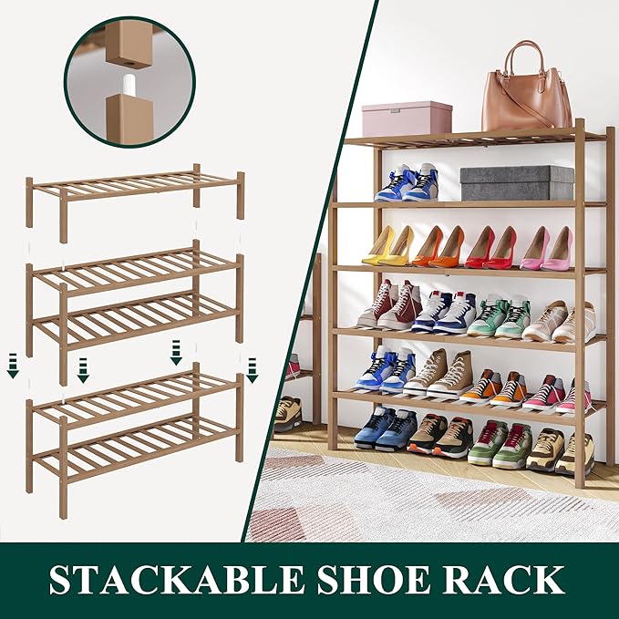 Smiry Shoe Rack, 2 Tier Thick Bamboo Shoe Organizer, Stackable Free Standing Wooden Shoe Storage Shelf for Closet, Entryway, Front Door Entrance, Walnut