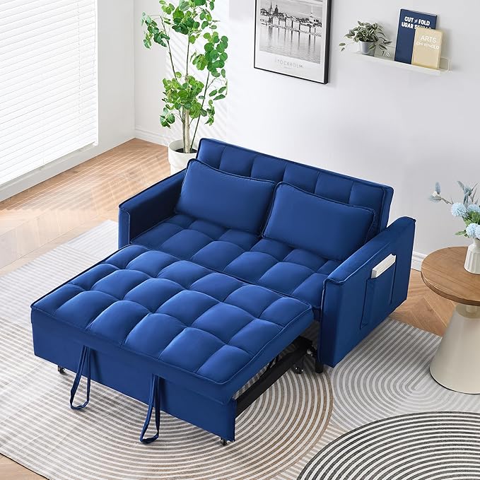 Ball & Cast 55" Convertible Sofa Bed,3 in 1 Sleeper Sofa W/Pull-Out Bed,Convertible Pull Out Couch W/2 Pillows,Adjustable Backrest & Side Pocket,Velvet Futon Couches for Living Room,Apartment,Blue