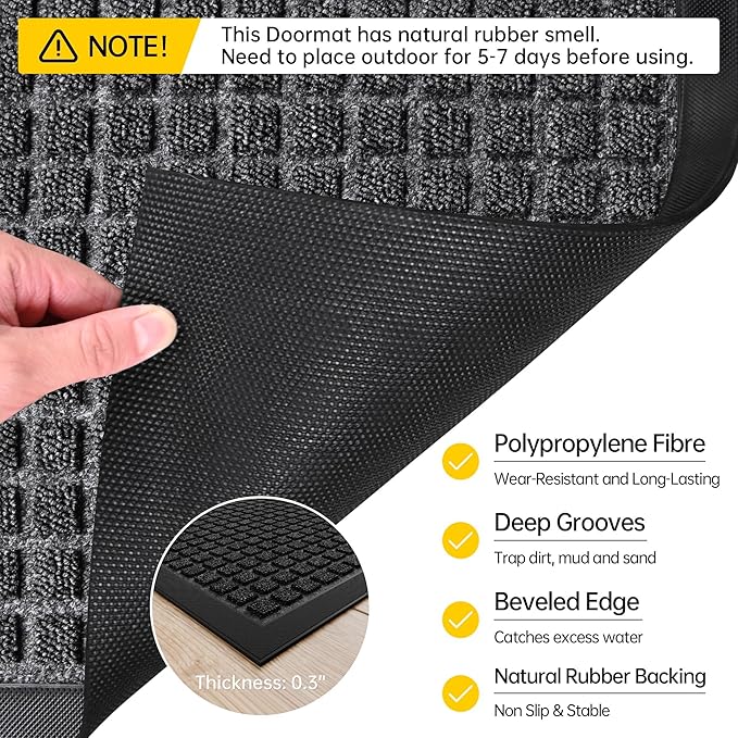 Sturdy Front Door Mat Outside Entrance, 5' x 3' All-Season All-Weather Doormat Waterproof, Stain and Fade Resistant, Natural Rubber Indoor Outdoor Welcome Door Mat Trap Dirt