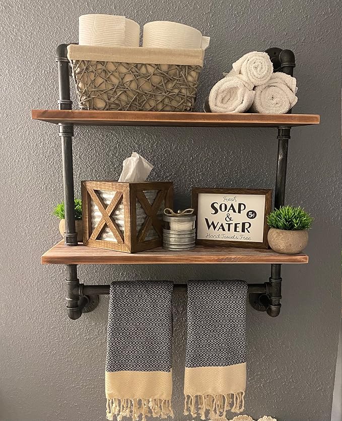 SSS Furniture Industrial Pipe Shelving Bathroom Floating Shelves Wall Mounted, 2 Tier 24 inch Rustic Wood Shelf with Towel Bar, Farmhouse Towel Rack Bathroom Shelf Over Toilet