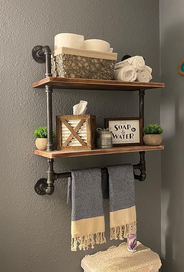 SSS Furniture Industrial Pipe Shelf Bathroom Shelves Wall Mounted, 2 Tier 19.6in Rustic Wood Floating Shroom Decor Wall Shelfelves with Towel Bar, Farmhouse Rustic Bath