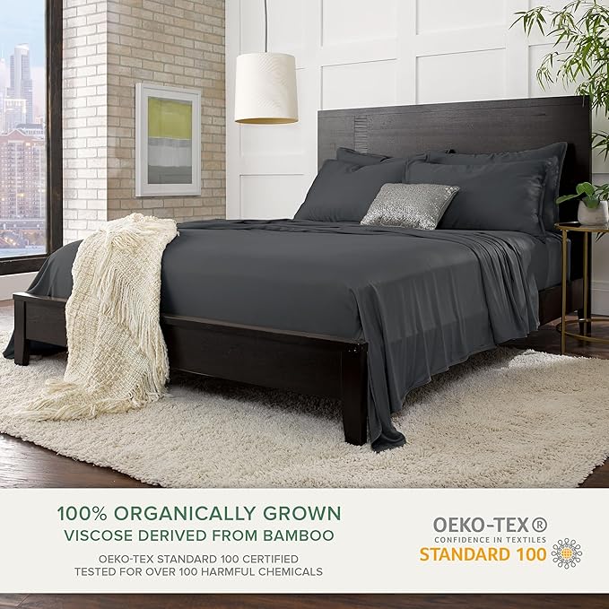 Twin Sheets by Pure Bamboo, Genuine 100% Organic Viscose Derived from Bamboo Bed Sheet Set, Luxuriously Soft & Cooling, Double Stitching, Lifetime Quality Promise (Twin, Charcoal)