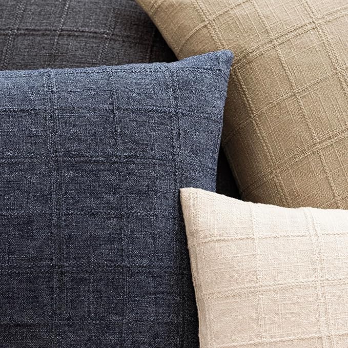 Foindtower Set of 2 Decorative Linen Check Throw Pillow Covers Neutral Farmhouse Vintage Cushion Covers Modern Boho Home Decor for Sofa Chair Couch Bedroom Living Room Outdoor,24×24 Inch,Navy Blue