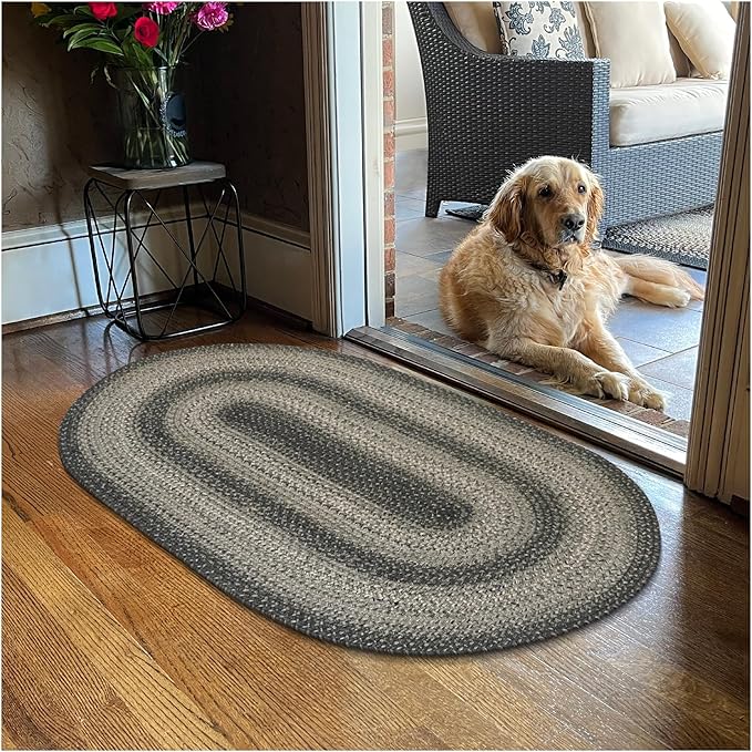 Flint Hill Grey Oval Braided Rug, 2x3' - Handmade with Jute, Warm Primitive Decor, Perfect for Bathrooms and Entryways - Reversible and Easy to Clean