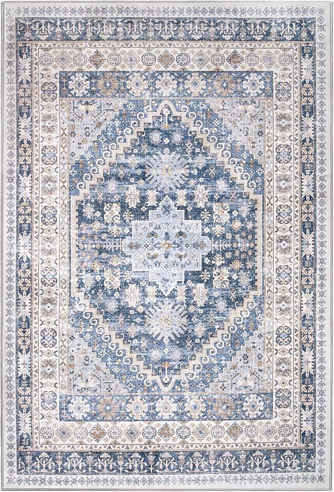 zesthome 4x6 Rug - Stain Resistant Washable Rug, Anti Slip Backing Rugs for Living Room, Foldable Vintage Small Area Rugs (Blue/Beige,4'x6')