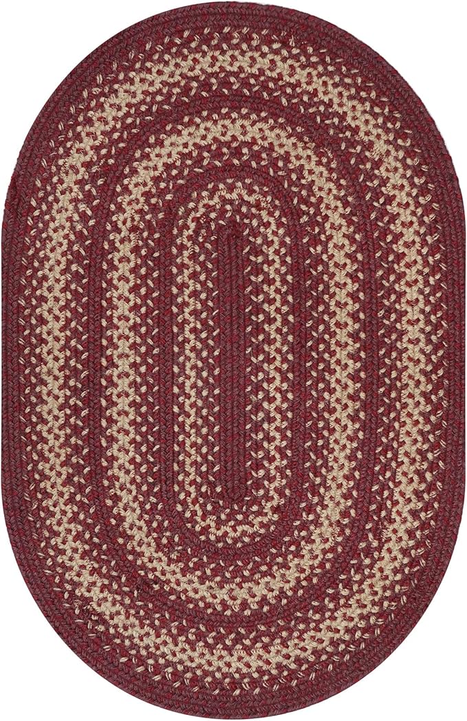 Autumn Maple Burgundy and Tan Braided Oval Rug, Jute, 20x30 - Rustic Primitive Decor for Entryway, Kitchen, Everywhere