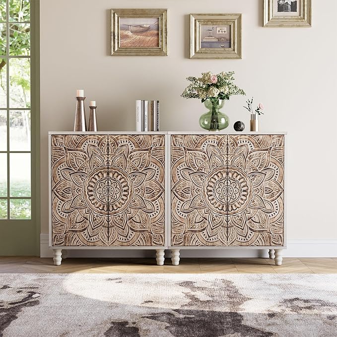 COSIEST Set of 2 32" Buffet Sideboard Cabinets with Storage, Accent Cabinet with Push-to-Open Doors, Vintage Lotus Carved Pinewood Doors, Entryway Console for Living Room, Kitchen, Hallway, Gray