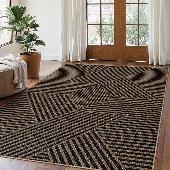 Lahome Modern Geometric Outdoor Easy Jute Rug, 5x7 Patio Living Room Rug Large Black Carpet for Bedroom, Farmhouse Washable Indoor Outdoor Carpet for Dining Room Backyard Deck
