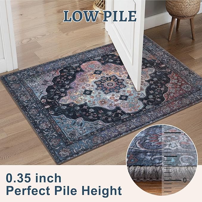 Tangsoo 2x10 Washable Runner Rug for Hallways, Non Slip Vintage Runner Soft Low Pile Long Rug Runner, Print Distressed Navy/Mlulti Carpet Runners for Kitchen Bedroom Entryway Bathroom Living Room
