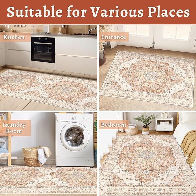 Tangsoo Vintage Rug 2x3 Washable for Entryway, Non Slip Small Area, Indoor Front Door Rug, Print Distressed Brick Red Door Mat Carpet, Soft Low Pile for Entrance Kitchen Bedroom Bathroom