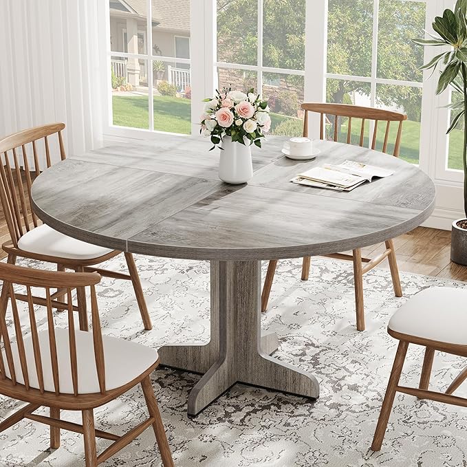Garvee 47 Inch Round Dining Table for 4, Farmhouse Kitchen Dining Room Circle Dinner Table, Kitchen Dining Room Furniture, Grey (Table Only)