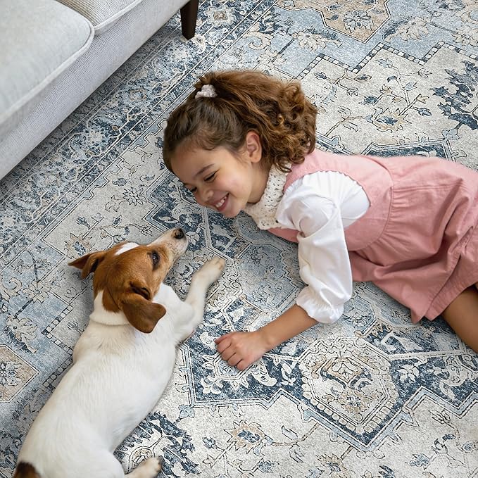 GENIMO Runner Rug 2x10, Machine Washable Vintage Runner Carpet, Non Slip Hallway Rug, Low Pile Lightweight Rugs for Entryway, Hallway, Kitchen and Corridor, Blue