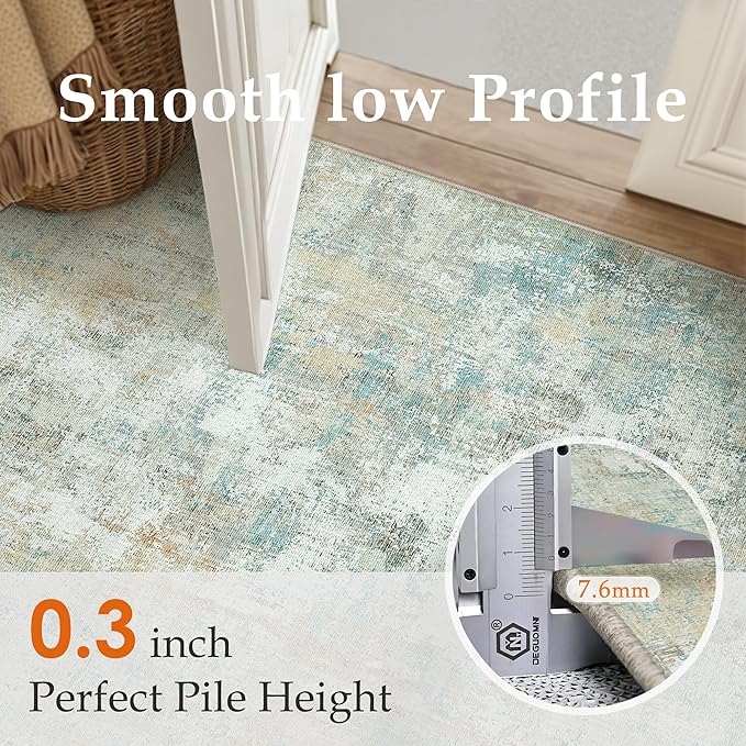 8x10 Washable Area Rug Teal Beige Modern Neutral Abstract Living Room Bedroom Indoor Floor Carpet Low Pile Soft Non-Slip Lightweight Vacuumable Large Throw Rug for Nursery Dining Room