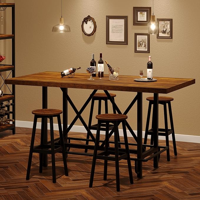 Tribesigns Bar Table, Industrial Counter Height Pub Table with Metal Footrest, 63-Inch Rectangle Wood Kitchen Dining Table with Sturdy Metal Frame for Dining Room, Home Bar (Brown)