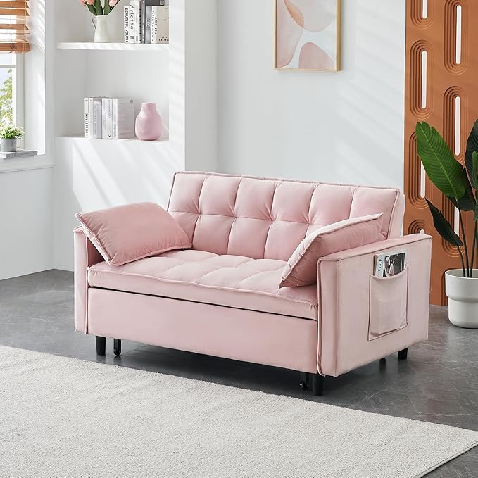 Ball & Cast 3 in 1 Convertible Sleeper Sofa Bed,Velvet Futon Couch with Pull-Out Bed,Convertible Pull Out Couches W/ 2 Pillows,Adjustable Backrest & Side Pocket,for Living Room,Apartment,Pink,55"
