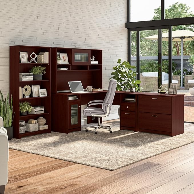 Bush Furniture Cabot L Shaped Computer Desk in Harvest Cherry | Corner Table with Drawers for Home Office
