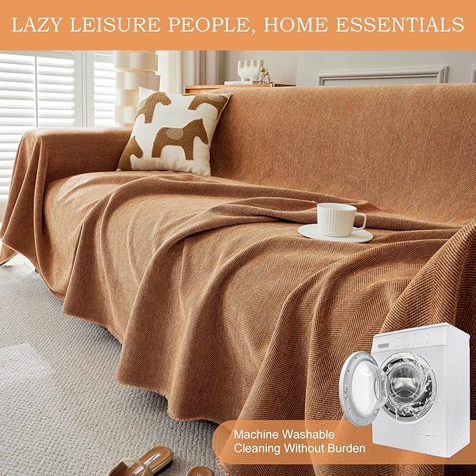 STACYPIK Soft Chenille Orange Sofa Covers, Herringbone Jacquard Pet Protector for 3 Cushion Couch, Loveseat Couch Cover for Sectional, Pumpkin Non-Slip Sofa Slipcover, Multi-Use Throw Blanket-71X134IN
