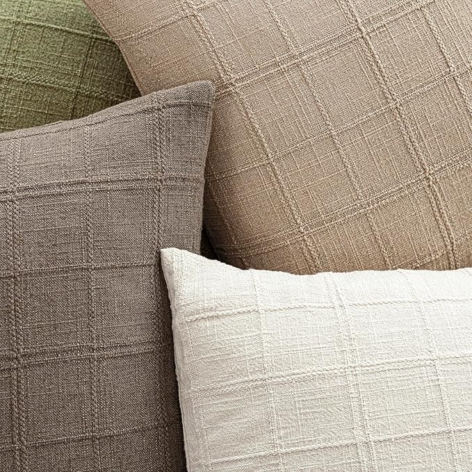Foindtower Set of 2 Decorative Linen Check Throw Pillow Covers Neutral Farmhouse Lumbar Cushion Covers Modern Coastal Boho Home Decor for Sofa Chair Couch Bedroom Living Room Outdoor,12×20 Inch,Camel