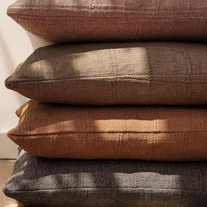 Foindtower Set of 2 Decorative Linen Check Throw Pillow Covers Neutral Farmhouse Vintage Cushion Covers Modern Boho Home Decor for Sofa Chair Couch Bedroom Living Room Outdoor,26×26 Inch,Orange