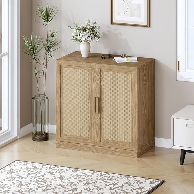 Buffet Cabinet, 2-Doors Sideboard Cabinet with Rattan Panels, Buffet Console Accent Table for Hallway Entryway Dining Room, 31", Oak