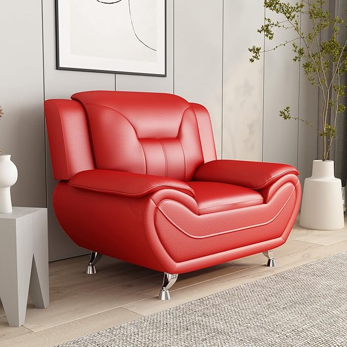 Container Furniture Direct Michael Modern Faux Leather Upholstered Stainless Steel Legs Living Room Sofa, Chair, Red