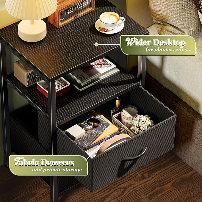 Huuger Night Stand with 2 Drawers, Bed Side Table with Open Shelf, Wooden Top, Nightstand for Bedroom, End Table for Small Space, Fabric Drawer, Black