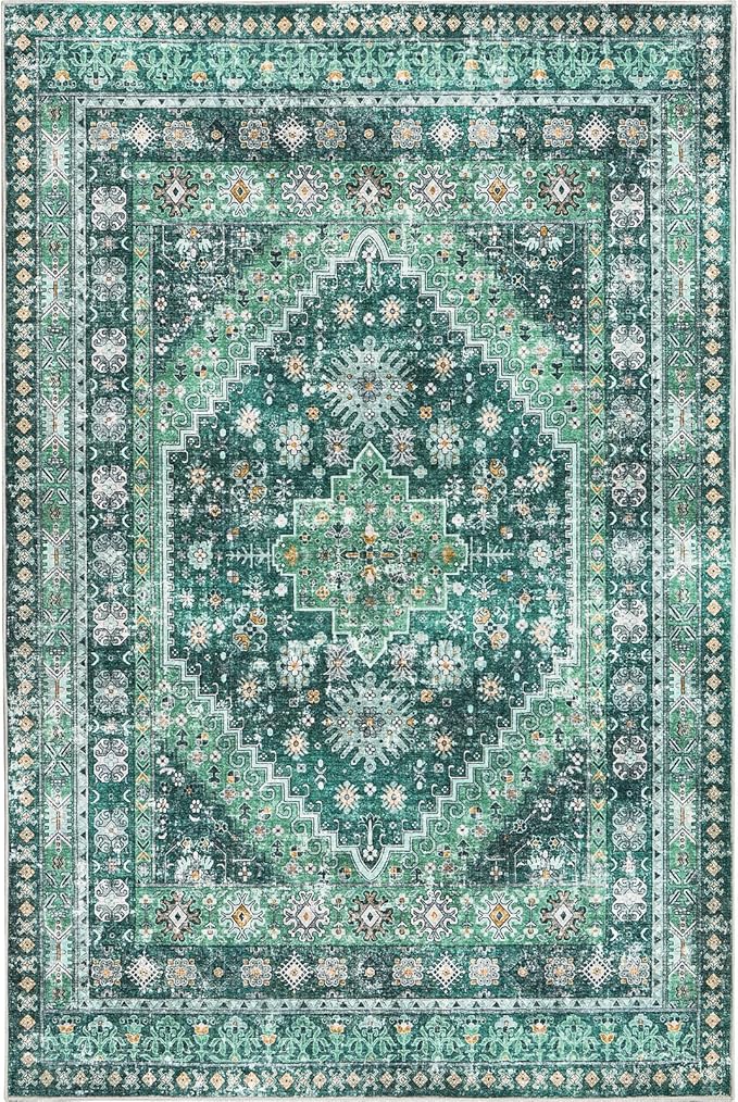 zesthome 5x7 Area Rugs - Ultra-Thin Washble Rug, Stain Resistant Anti Slip Backing Rugs for Living Room,Bedroom, Vintage Home Decor Area Rug(Green/Teal,5'x7')