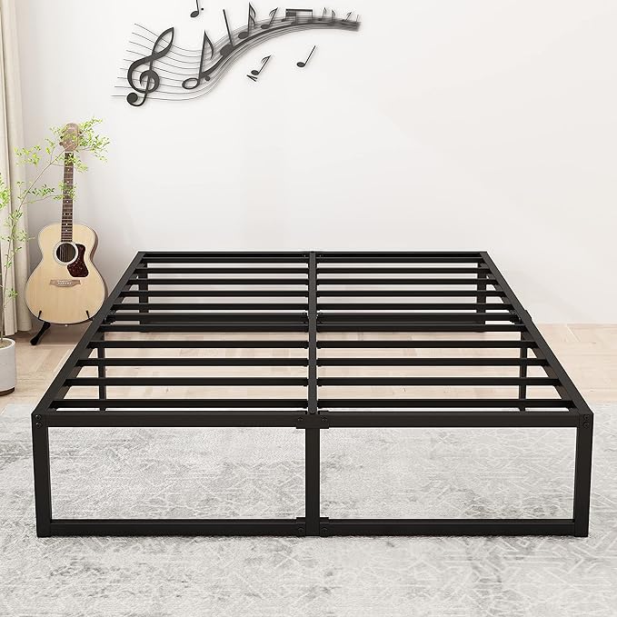 16 Inch Bed Frame Queen Size Heavy Duty Steel Slat Support Metal Platform Queen Bed Frame No Box Spring Needed, Easy Assembly, Black