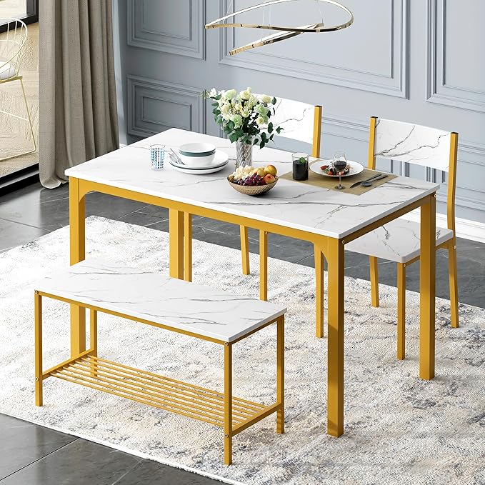 soges 4 Person Dining Table Set,43.3 inch Kitchen Table Set for 4,2 Chairs with Backrest,2-Person Bench with Storage Rack,Nesting Furniture Set for Dining Room and Restaurant, White Gold